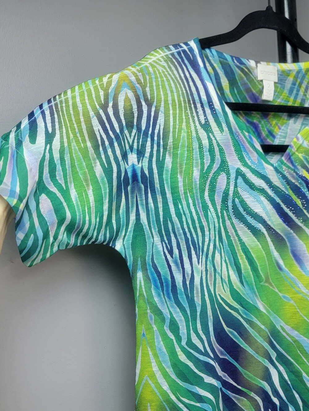 Chico's 2 Pieces Top Blouse Blue Orange Green Chiffon Sumer Abstract Multicolor - Picture 13 of 16